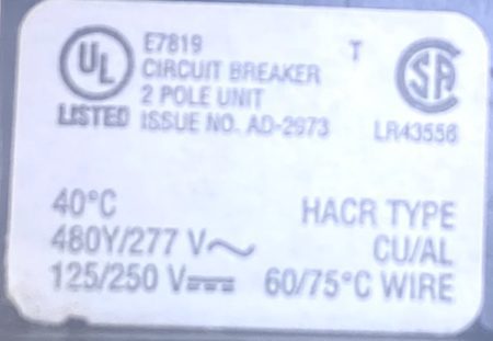 Cutler Hammer GHC2035 2 Pole 35 Amp 277/480 Vac Breaker (NIB)