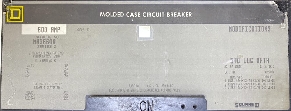 Square D 20 Amp I-Line Circuit Breaker Cat# FAB36020 600 VAC 3 pole 
