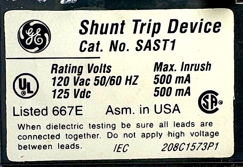 General Electric SAST1 120 Vac 125 Vdc 500mA Spectra Shunt Trip - Image 5