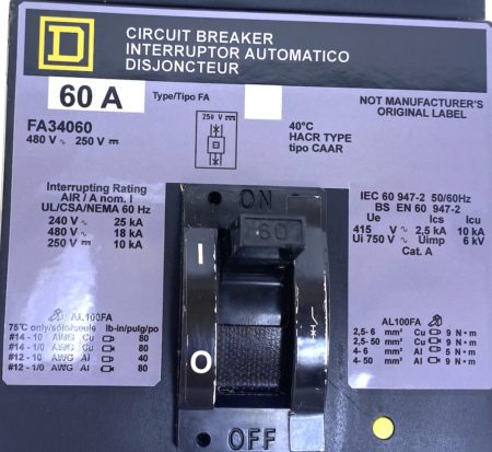 Square D FA34060 3 Pole 480 Vac 60 Amp I-Line Circuit Breaker