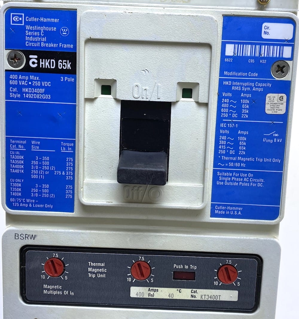 Cutler Hammer HKD3400F 3 Pole 400 Amp 600V Circuit Breaker w/400A Trip