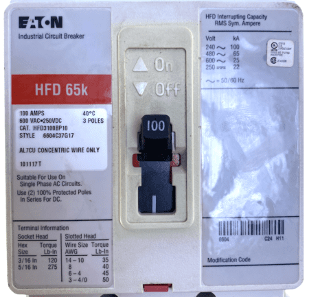 Eaton HFD3100BP10 3 Pole 100 Amp 600 Vac Circuit Breaker
