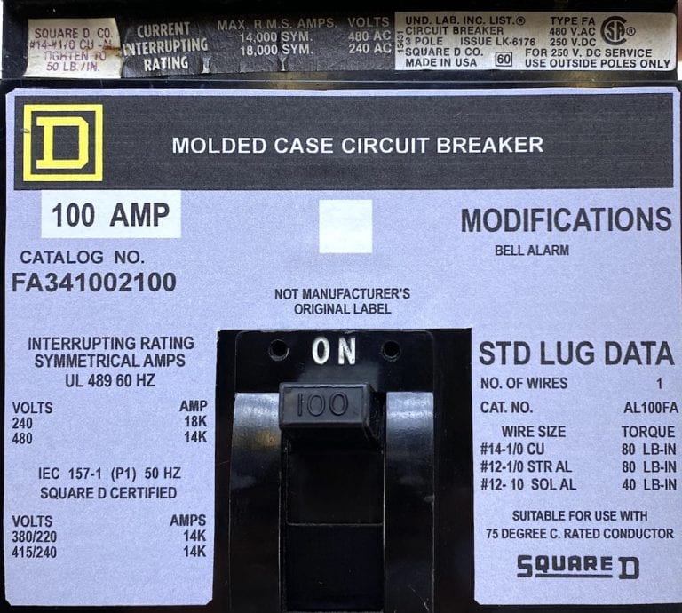 Square D FA341002100 3 Pole 100A 480V ILine Breaker w/Bell Alarm