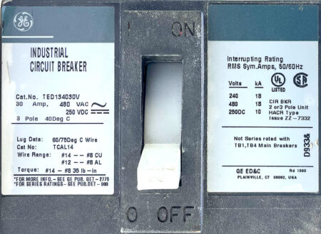 General Electric TED134030V 3 Pole 30 Amp 480 Vac Circuit Breaker - Image 6