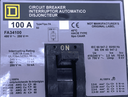 Square D FA34100 3 Pole 100 Amp 480V I-Line Circuit Breaker