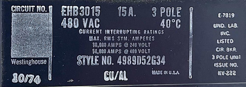 Westinghouse EHB3015 3 Pole 15 Amp 480 Vac Circuit Breaker
