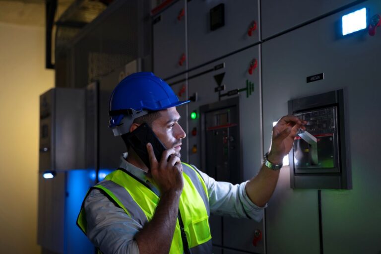 An engineer looking checking power loss