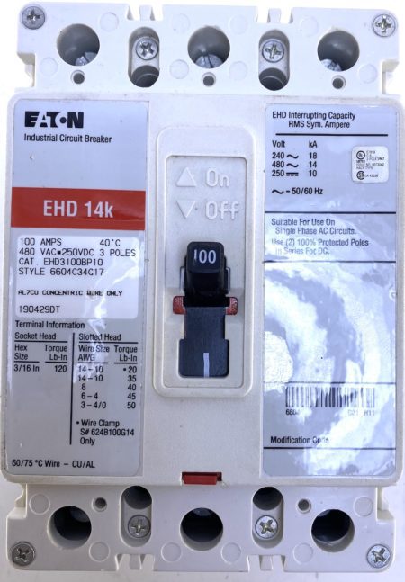 Eaton EHD3100BP10 3 Pole 100 Amp 480 Vac Circuit Breaker