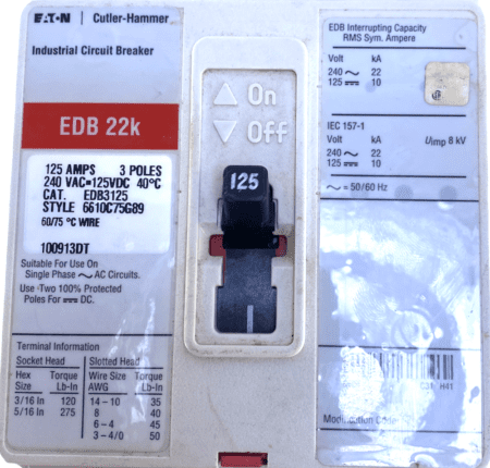 Eaton Cutler Hammer EDB3125 3 Pole 125 Amp 240V Circuit Breaker