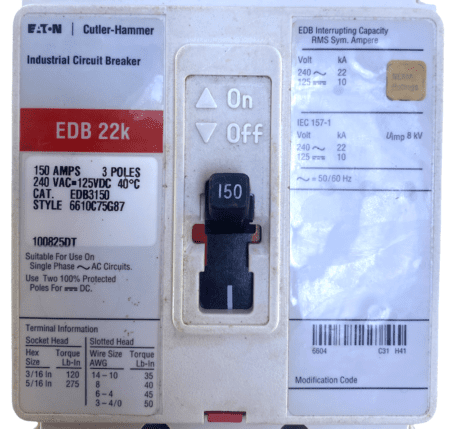 Eaton Cutler Hammer EDB3150 3 Pole 150 Amp 240V Circuit Breaker