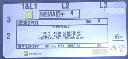 Square D 8536SFO Size 4 Motor Starter w/480 Vac Coil