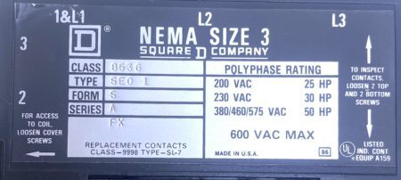 Square D 8536SE0 2 Pole Size 3 600V Motor Starter w/120 Vac Coil