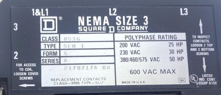 Square D 8536SE0 3 Pole Size 3 600V Motor Starter w/120 Vac Coil
