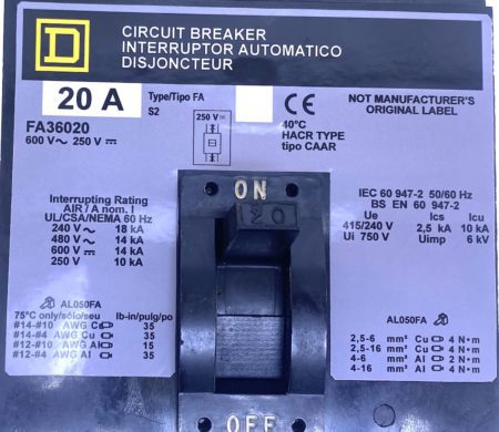 Square D FA36020 3 Pole 20 Amp 600 Vac I-Line Circuit Breaker
