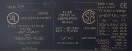 ABB 1SDA053954R1 T2S SACE Tmax 3 Pole 50 Amp 480V Breaker w/Bolts - Image 6