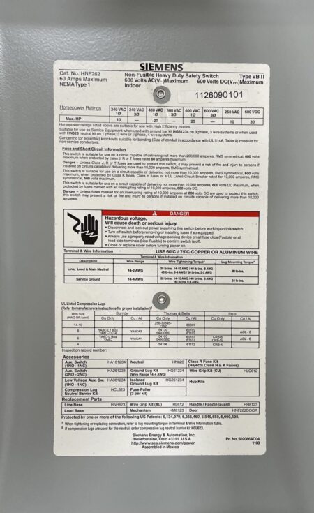 Siemens HNF262 2 Pole 60 Amp 600 Vac Fusible Safety Switch (NIB) - Image 5