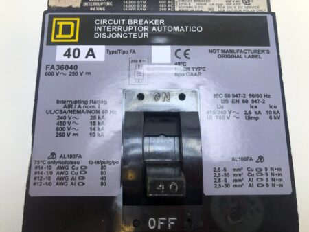 Square D FA36040 3 Pole 40 Amp 600 Vac I-Line Circuit Breaker - Image 5