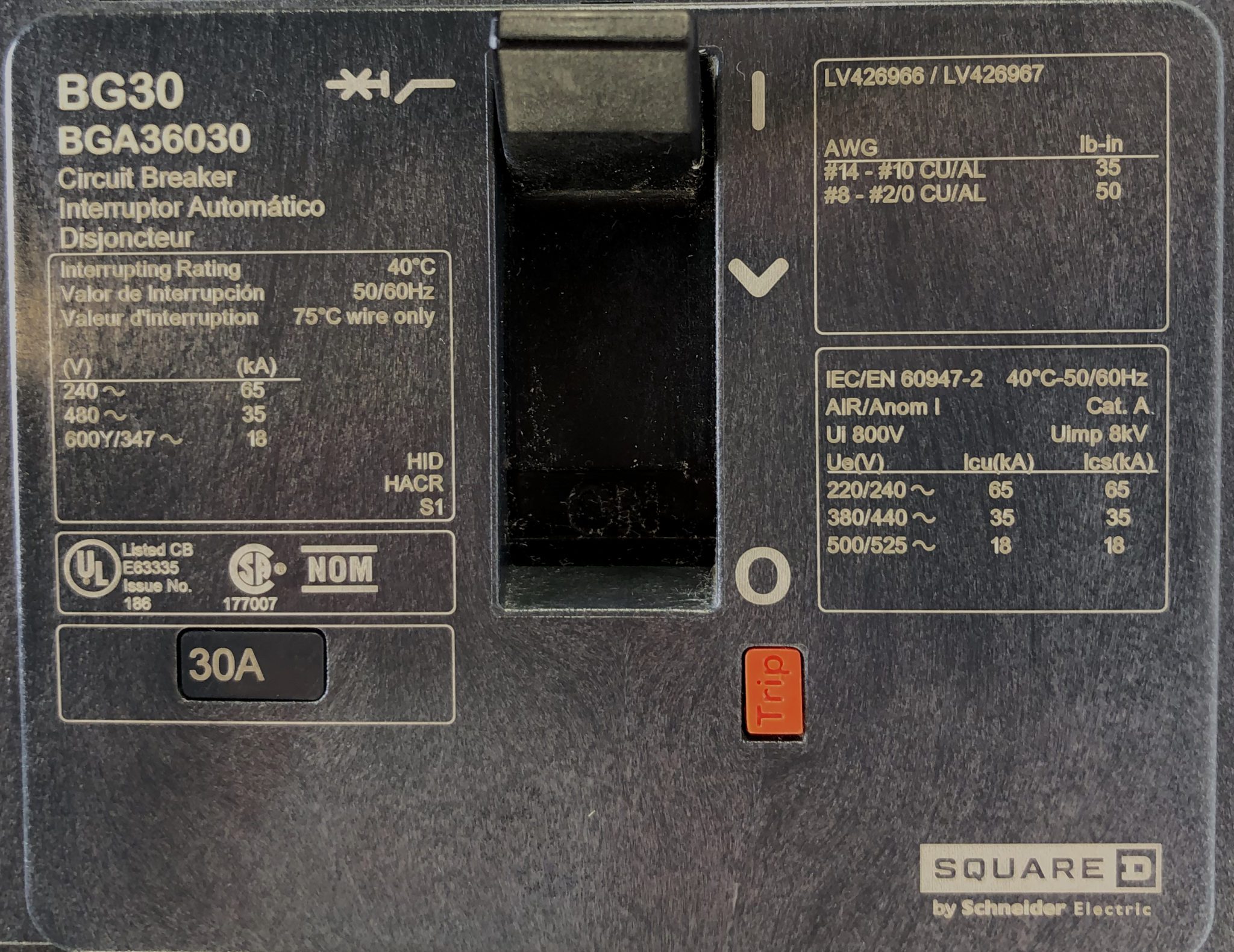 Square D BGA36030 3 Pole 30 Amp 600 Vac ILine Power Pact Breaker