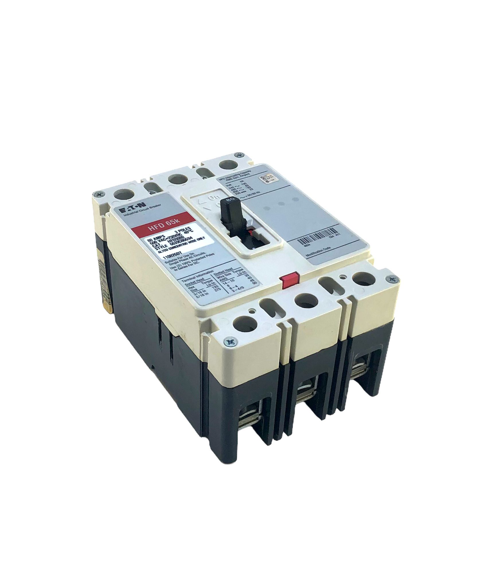 Eaton HFD3080 3 Pole 80 Amp 600 Vac Circuit Breaker (Red Label)