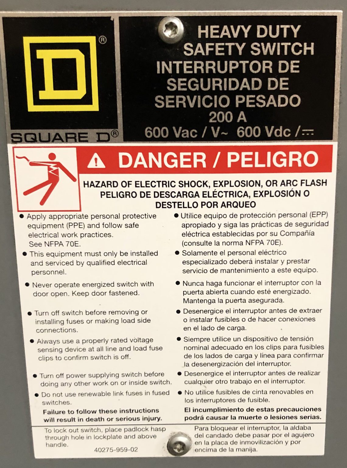 Square D H364 3Pole 200Amp 600V Fusible Heavy Duty Safety Switch
