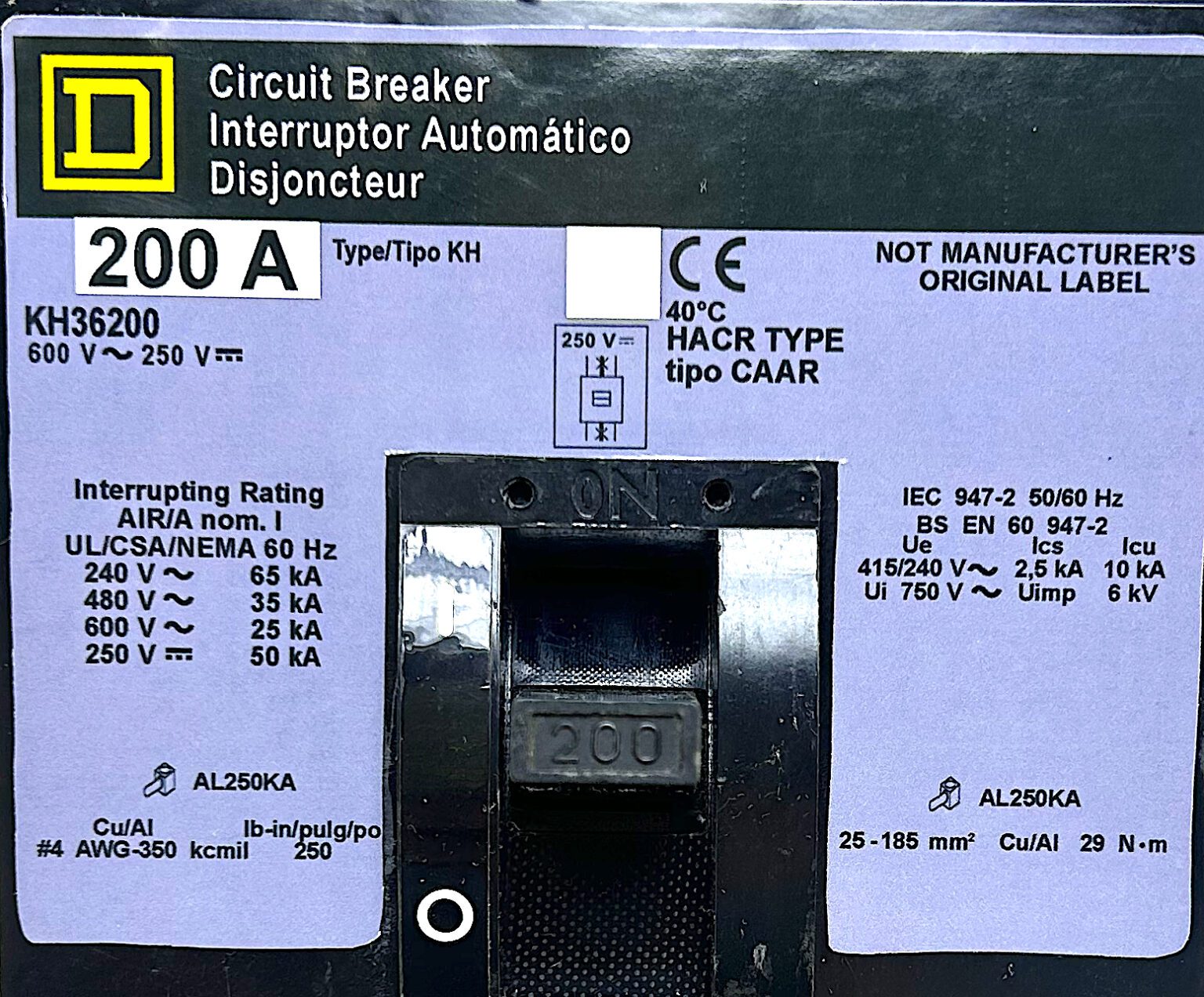 Square D KH36200 3 Pole 200 Amp 600 Vac I-Line Circuit Breaker