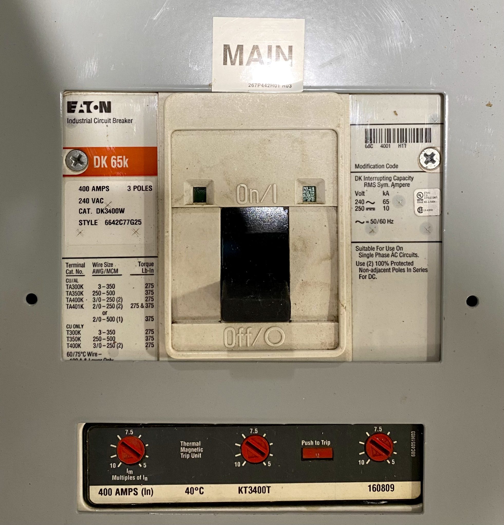 Eaton PRL1A 3P4W 400 Amp 208Y/120 Vac 30 Cir Main Breaker Panel