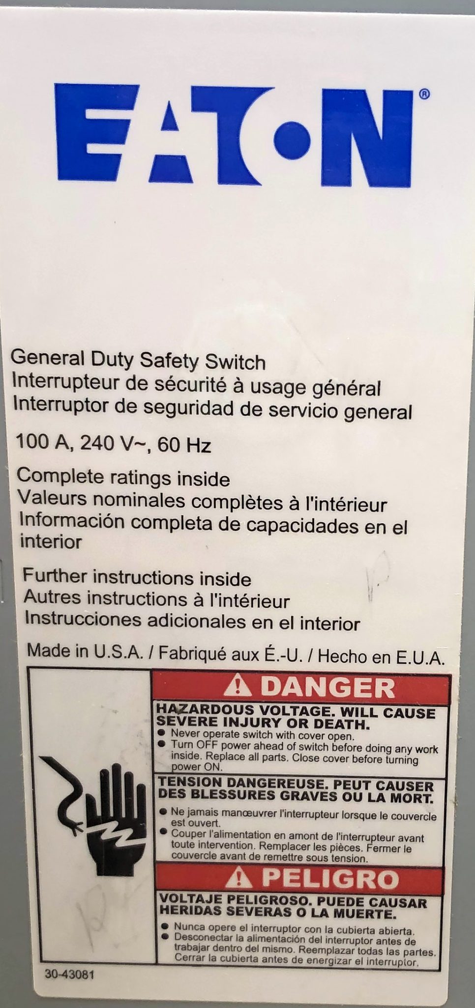 Eaton Dg323urb 3p3w 100a 240vac General Safety Switch (mb) (nib)