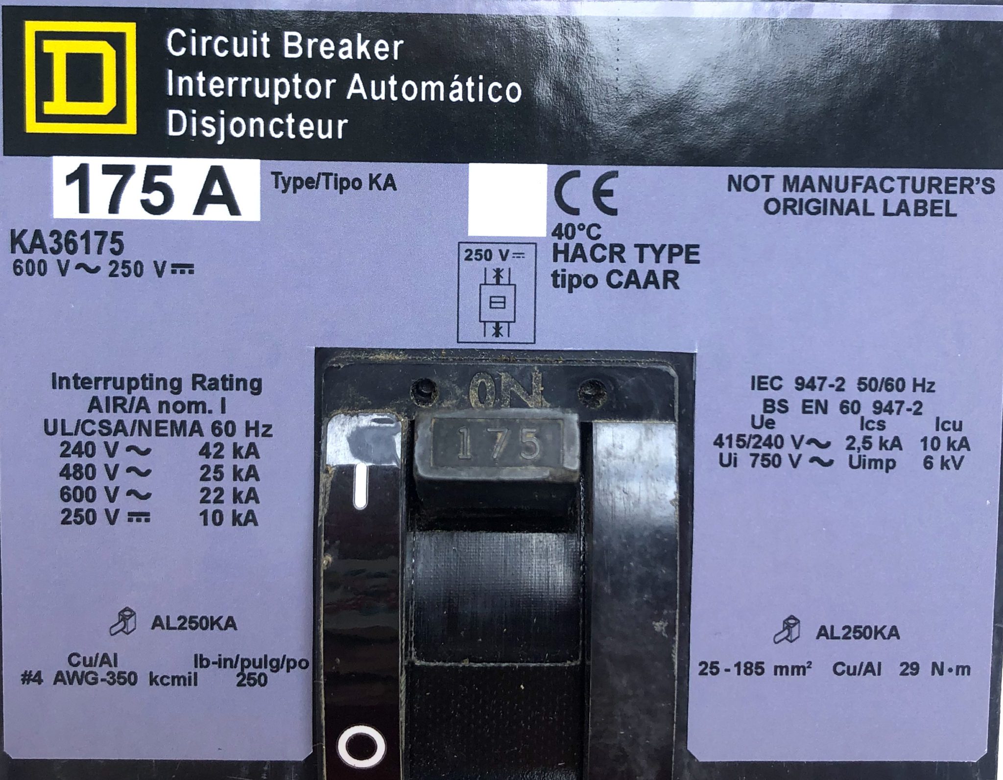 175 A Panel Square D KA36175 3 Pole 175 Amp 600 Vac I-Line Circuit Breaker