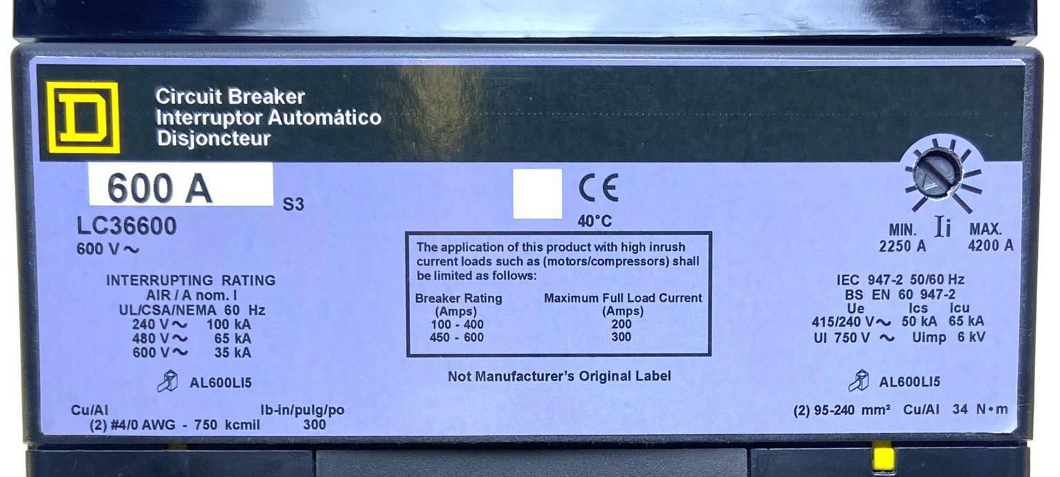 Square D LC36600 3 Pole 600 Amp 600 Vac I-Line Circuit Breaker