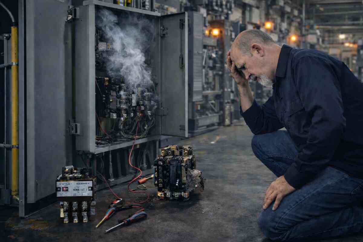 Electrician using a multimeter during motor starter troubleshooting to identify electrical faults that lead to motor starter problems and motor starter overload trips.