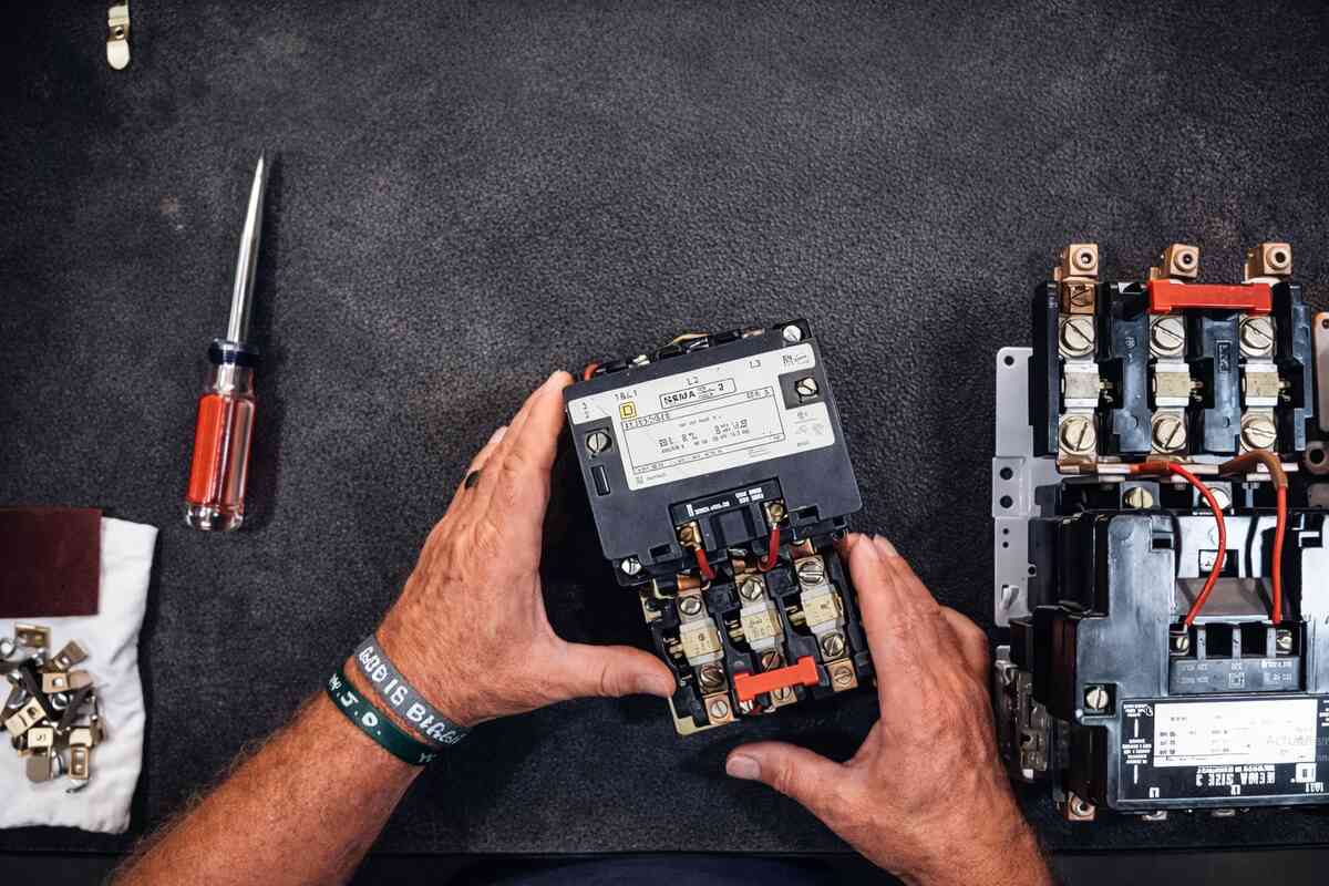 Industrial motor starter assembly with overload relay settings adjusted to prevent repeated motor starter overload trips