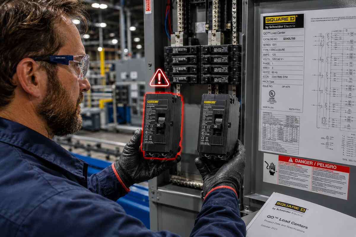 Industrial circuit breakers installed inside an electrical distribution panel manufacturing facility