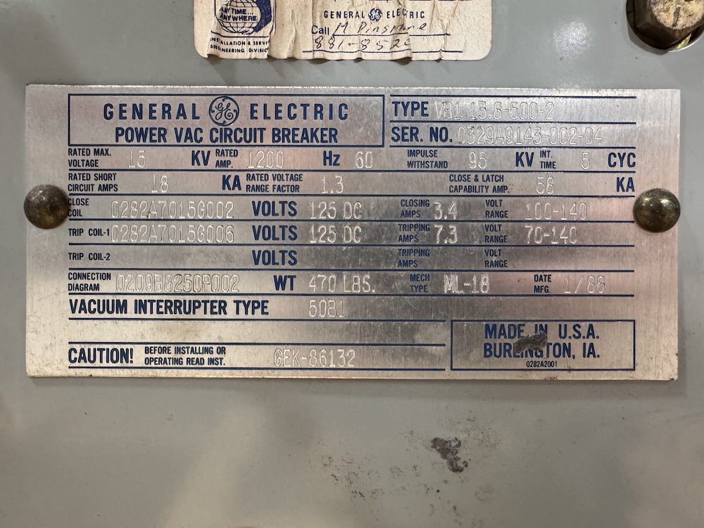 General Electric VB1 13.8-500-2-TESTED-SH