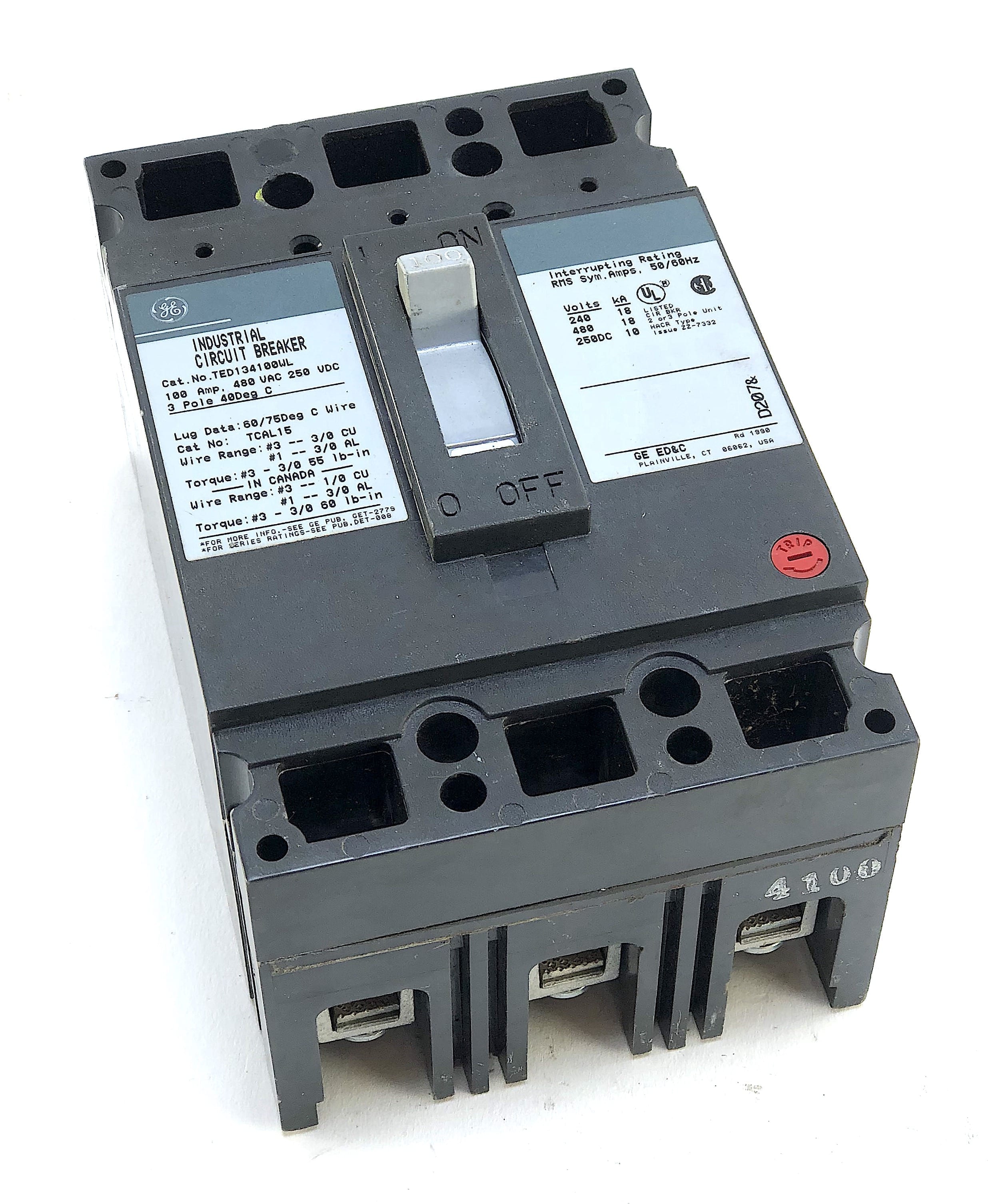 GE CIRCUIT BREAKER 100 AMP 480 VAC 3 POLE  MODEL THED134100 