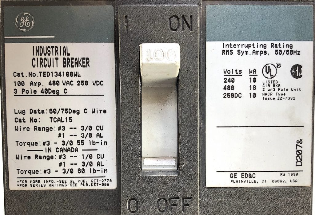 General Electric 3 Pole 100 Amp 480 Vac Circuit Breaker (S4