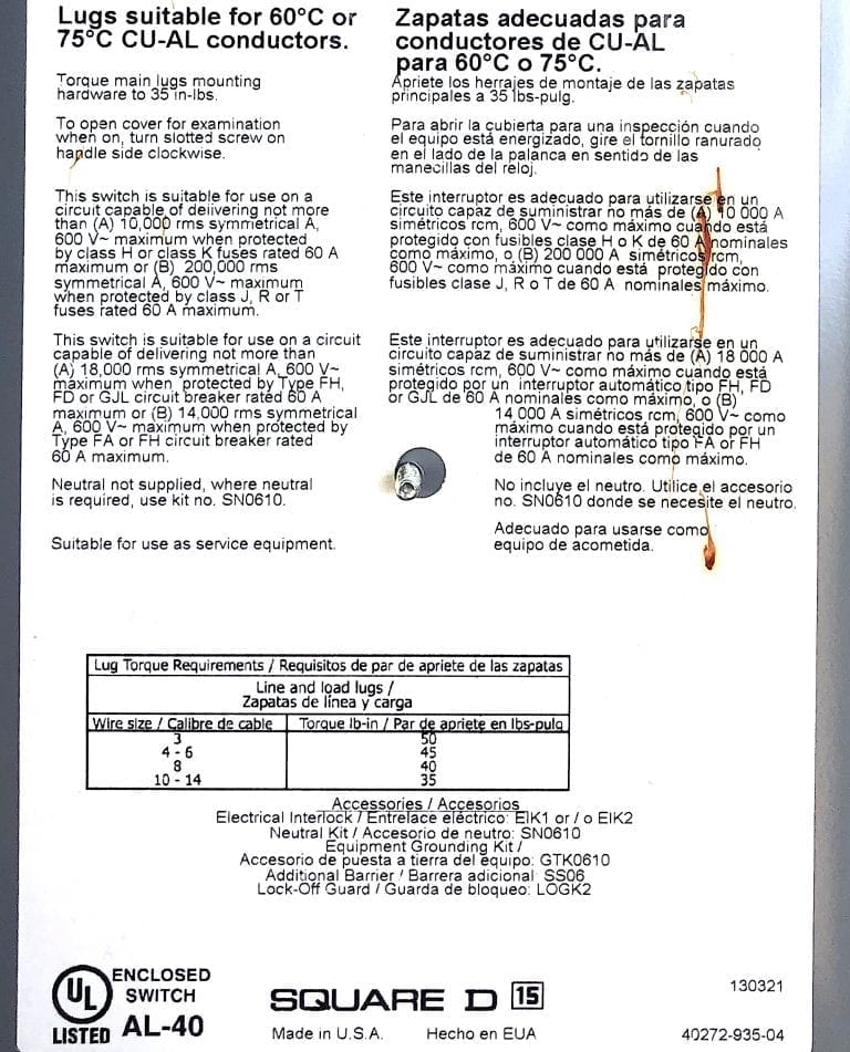 Square D 60 Amp 600 Vac Type 1 (NOB) Heavy Duty Safety Switch (RK